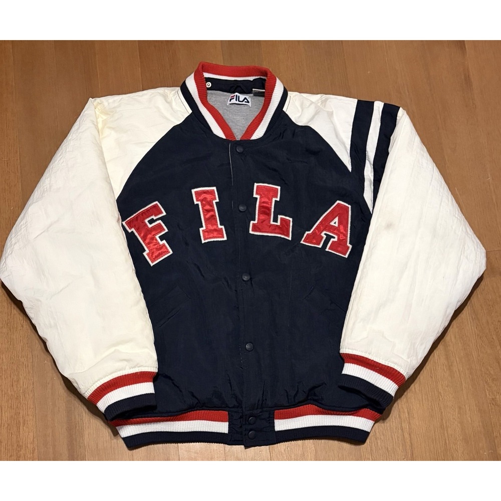 Vintage FILA Puffer Jacket Coat Color Block Nylon Spell Out MENS Size Medium